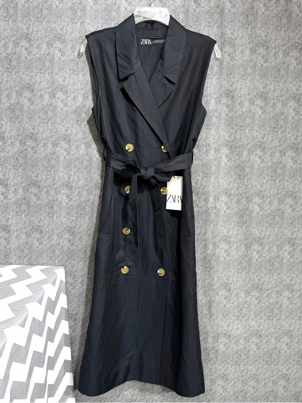 Zara Black Sleeveless Midi Trench Dress with Gold Buttons